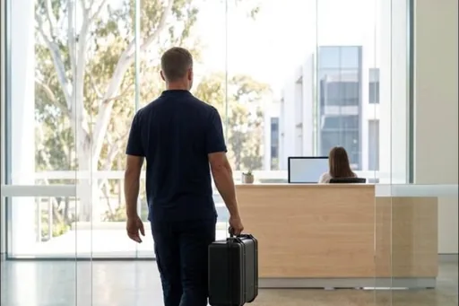 A technician walking into a client reception carrying a service case