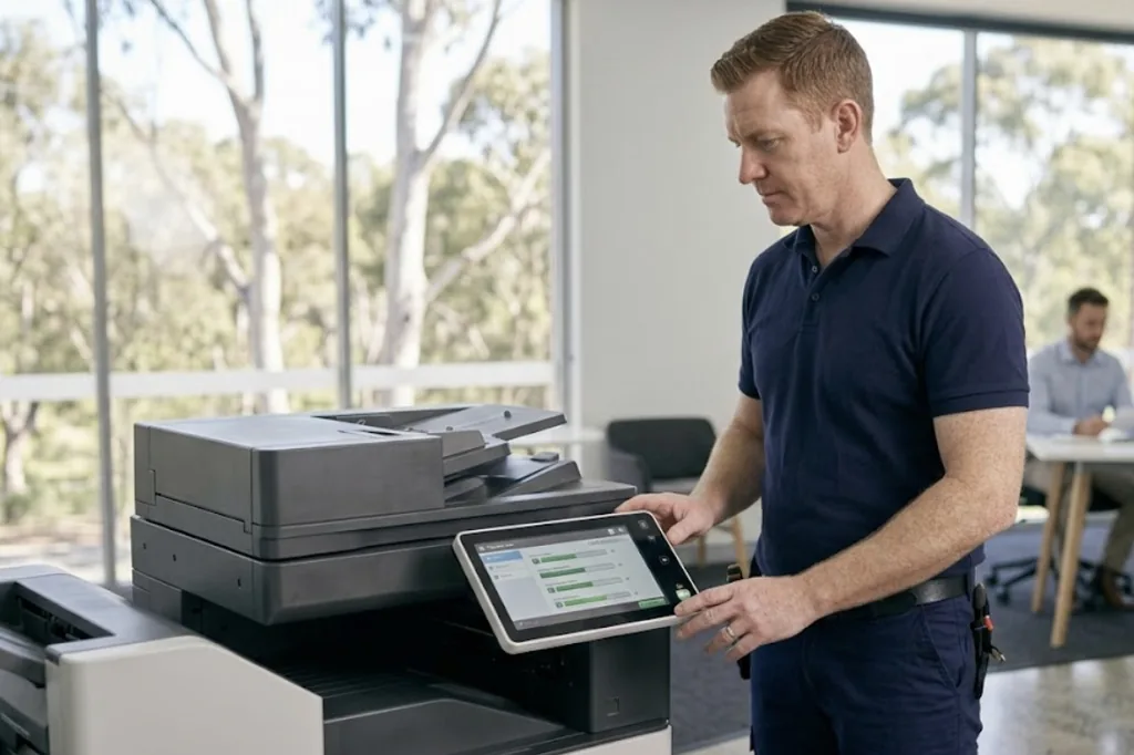 A hand reaching to the touch screen on the front of an office copier