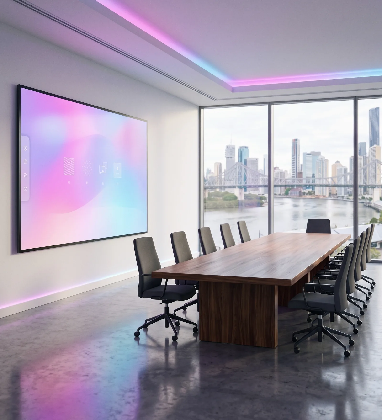 A boardroom with a large wall mounted interactive display and a view over the Brisbane River