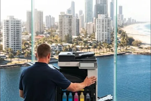 A technician working at an open copier in a city office, the river through the glass behind