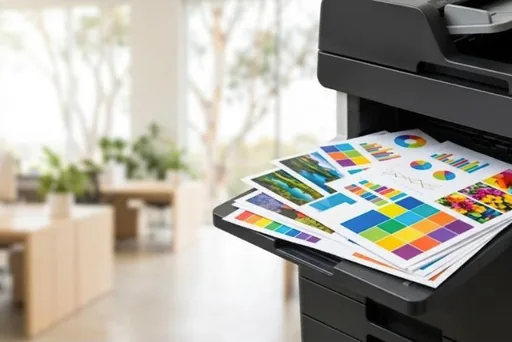 A colour test print coming out onto the tray of an office copier
