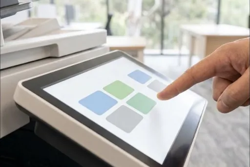 A finger selecting a job on the colour touch screen of an office copier