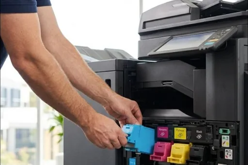 A technician's hands lowering a toner unit into the open front of an office copier