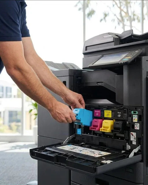 A technician fitting a cyan toner cartridge into an open office copier, the full set of colour cartridges beside it