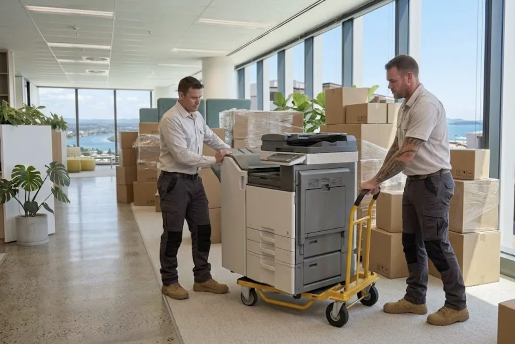 A refurbished office copier being delivered on a trolley