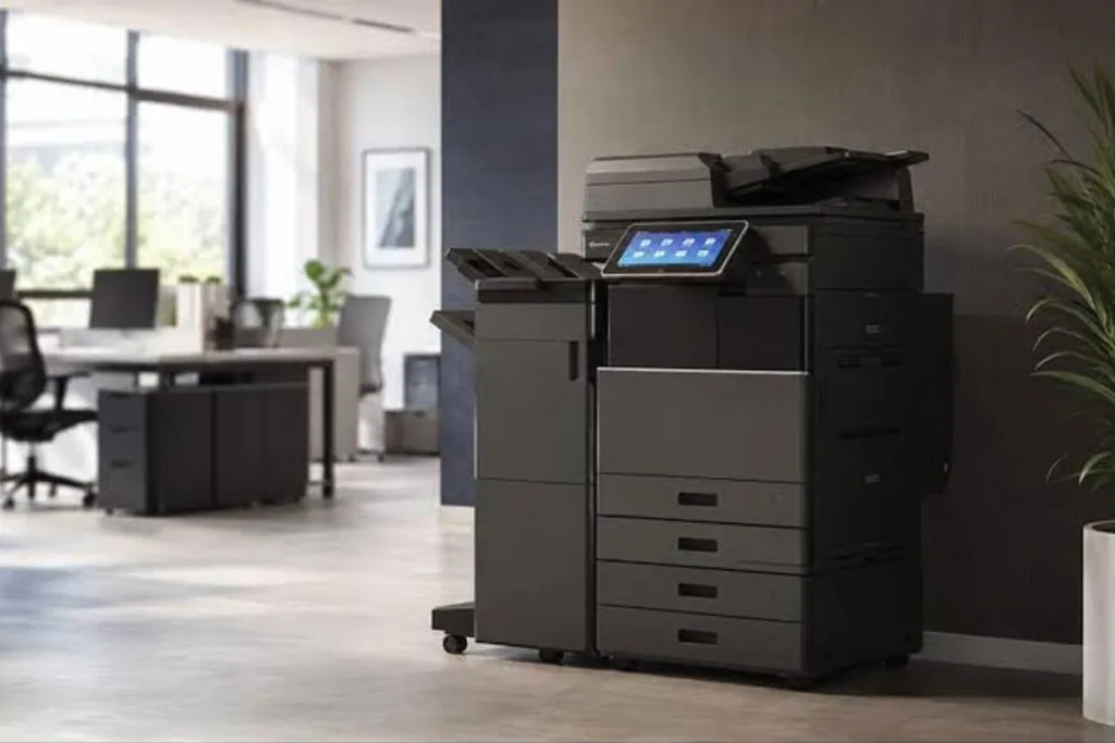A refurbished office multifunction copier standing ready in a bright open plan office