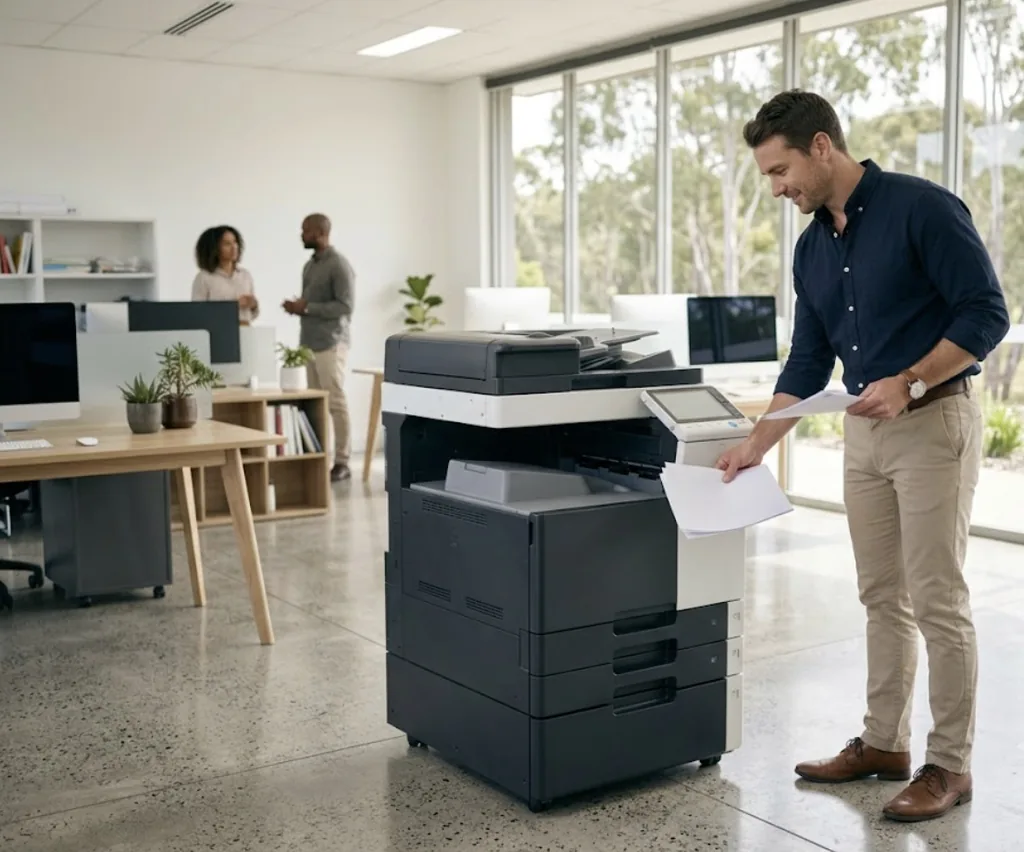 A man lifting printed pages from an A3 office multifunction printer in a bright open plan office, gum trees through the glass behind