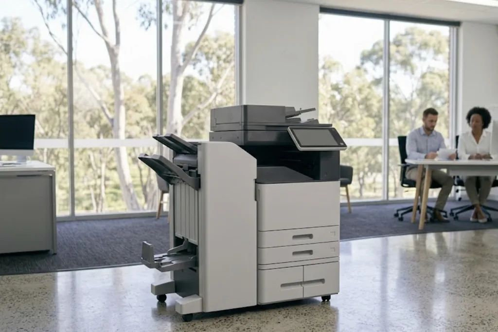 An office copier standing beside a desk in a bright open plan floor, someone working at the desk