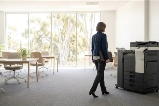 Someone walking past a copier in a bright open plan office