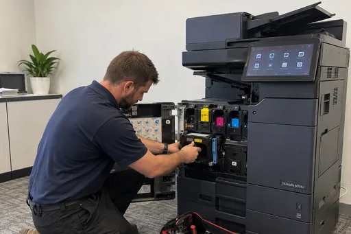 A technician kneeling at an open floor standing office copier with a tool bag beside them