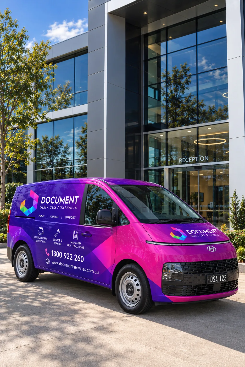 A Document Services Australia service van parked outside a modern glass fronted office building