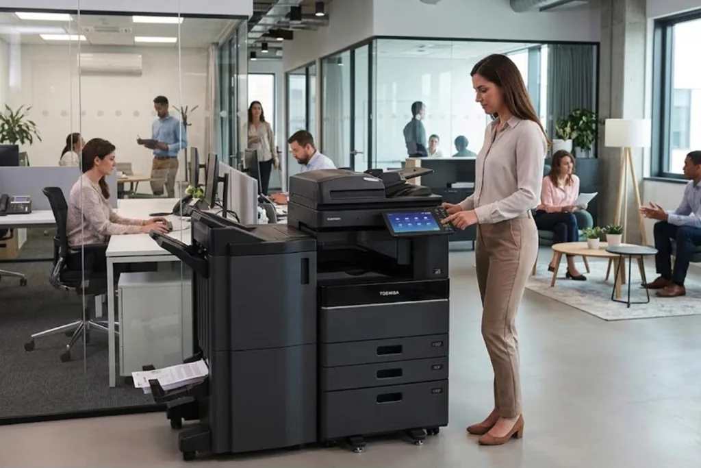 A large office copier standing in a bright open plan floor