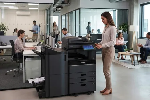A large office copier standing in a bright open plan floor