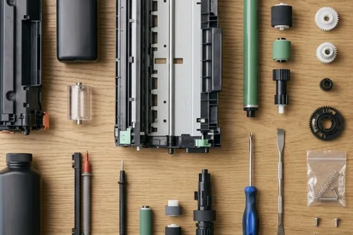 A drum unit, rollers, gears, blades and toner bottles laid out in order on an oak bench
