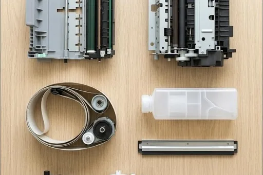 Drums, rollers, gears and a waste toner bottle laid out in order on a bench