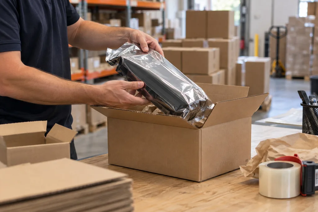 Toner cartridges being lifted from a carton onto a bench, an order being packed
