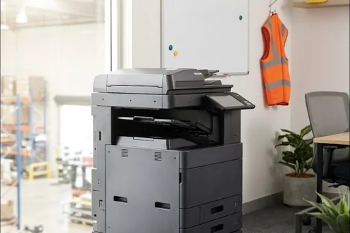 A refurbished office copier standing checked and ready in the workshop