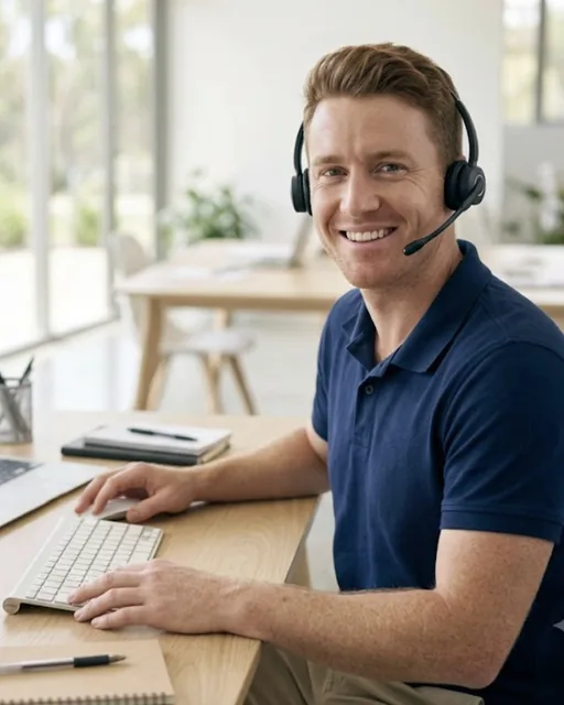 Someone at the DSA service desk in a headset at a laptop, an office copier behind them