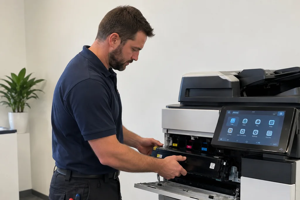 A technician checking a job on a tablet at a large office multifunction printer, gum trees through the window behind