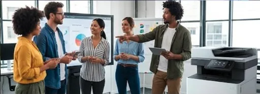 Four people around a wall screen in a bright office, an office multifunction printer beside them