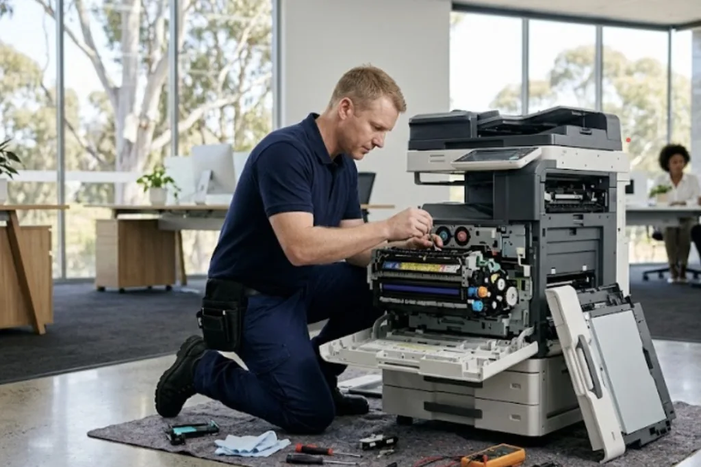 A technician kneeling at an open office copier, colour toner units visible, gum trees through the window behind