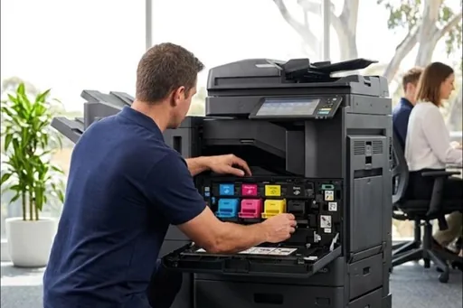 A technician kneeling at an open office copier, colour toner units visible, gum trees through the window behind