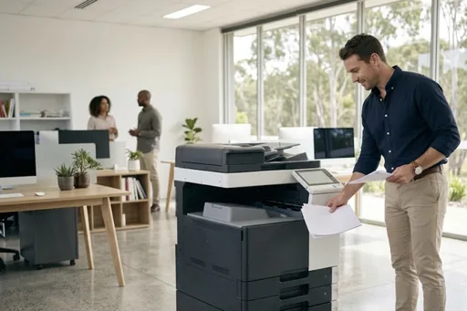 A technician standing beside an office copier with a tablet in hand