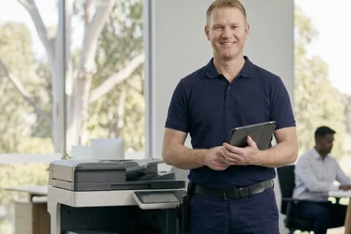 A service technician standing beside an office copier, eucalypts through the window behind