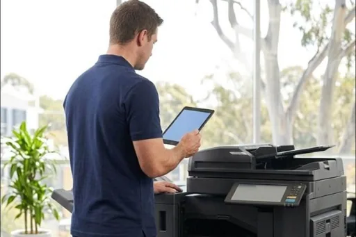 A technician checking a job on a tablet beside an office copier