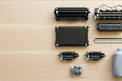 Four toner cartridges in a row, one black and three colour