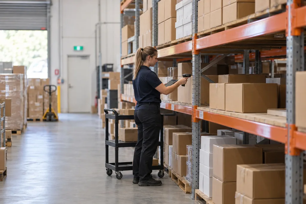 Boxed toner cartridges on steel warehouse racking, a warehouse worker checking stock in the aisle behind